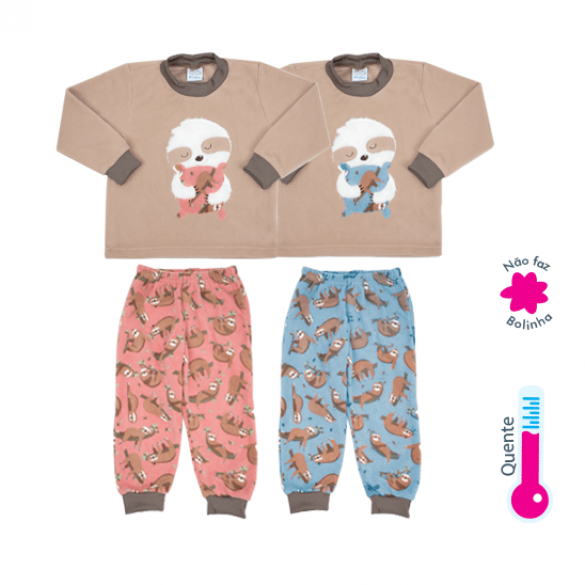 Pijama bicho preguiça Ref 14-95, 14-96 Tam 1 ao 3, 4 ao 8 Cor rosa, azul